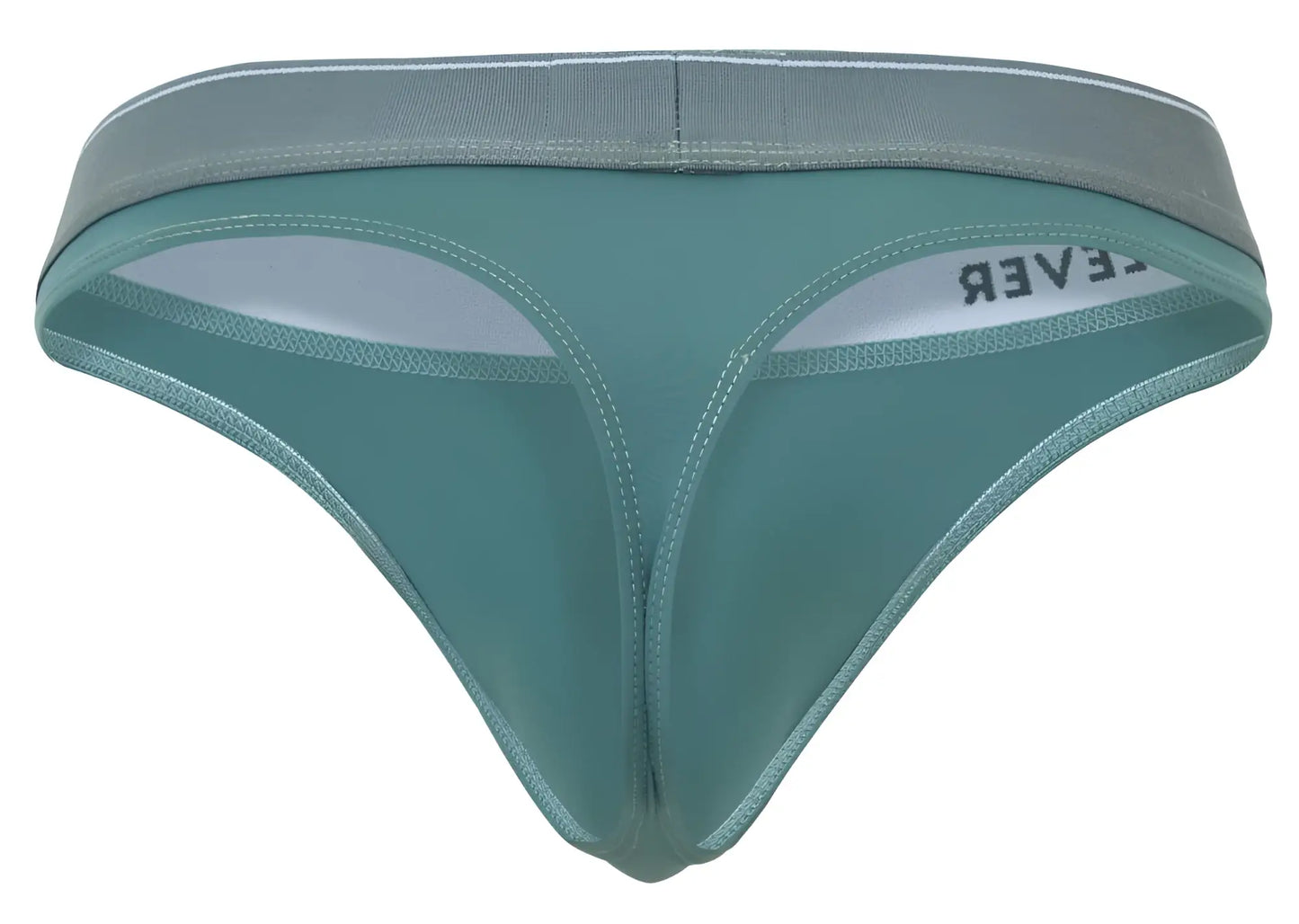 Teal clever 2044 mendoza thong with gray elastic waistband white inner lining and lever brand name on the side