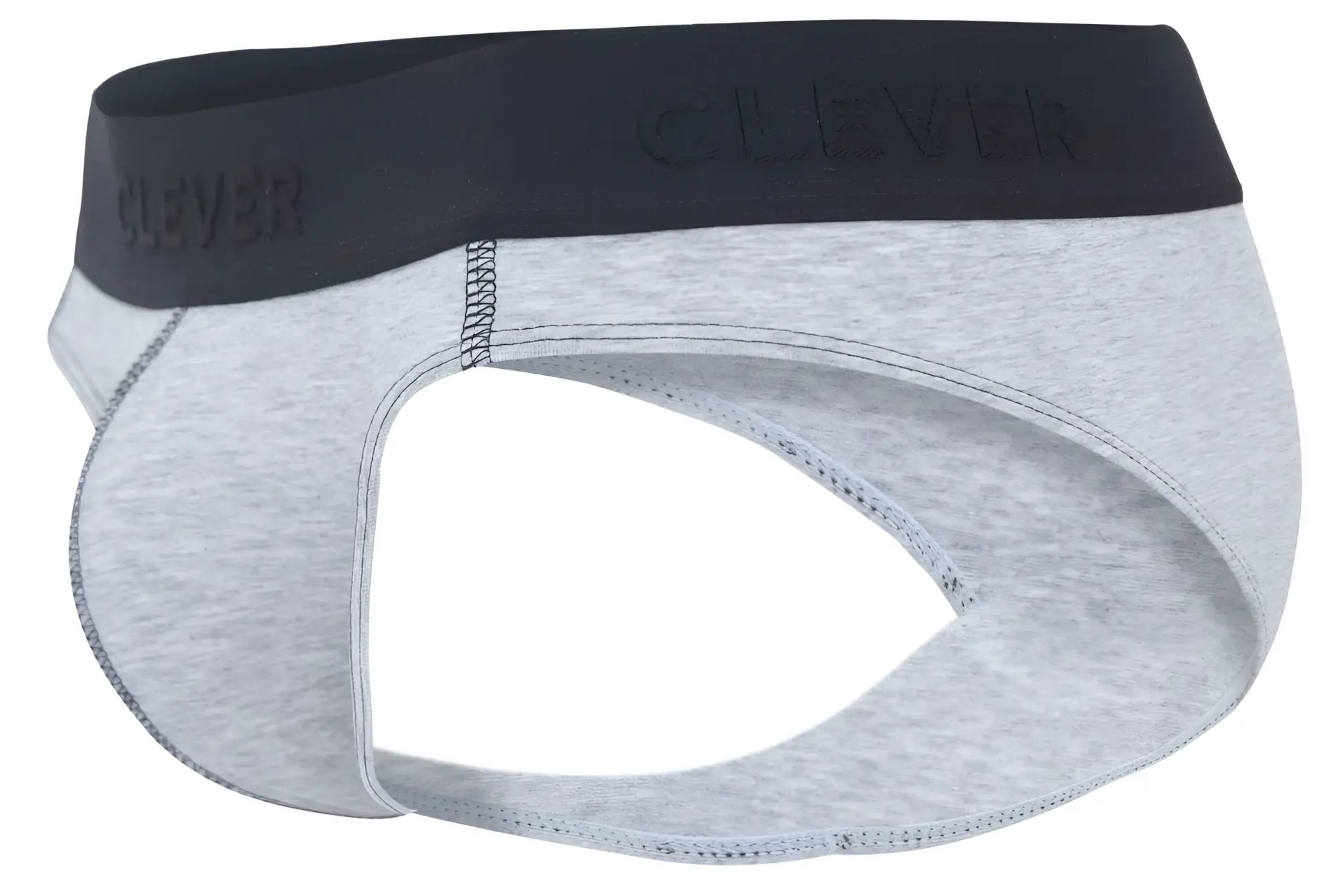 Gray heathered cotton briefs with black elastic waistband featuring clever brand name in dark gray color