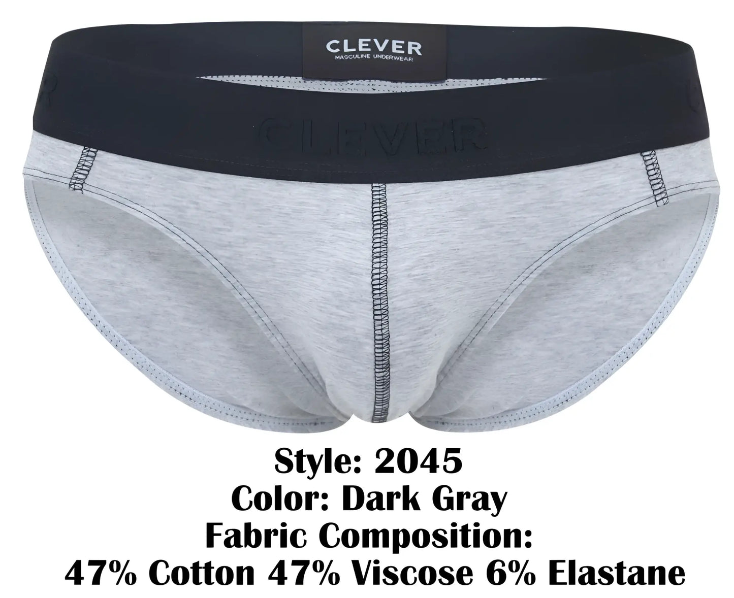 Dark gray clever 2045 catamarca men’s briefs with black waistband and subtle stitching details front view