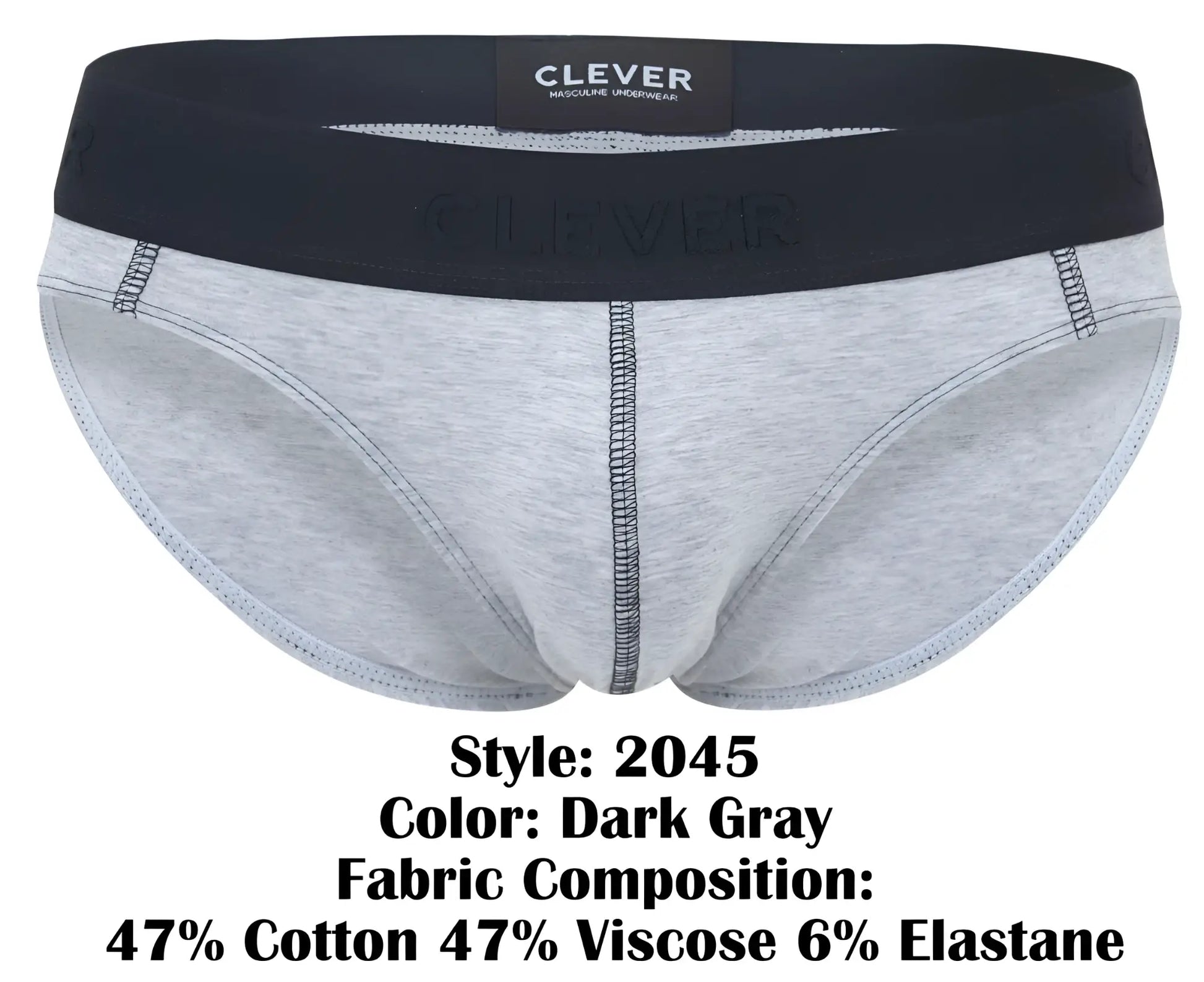 Dark gray clever 2045 catamarca men’s briefs with black waistband and subtle stitching details front view