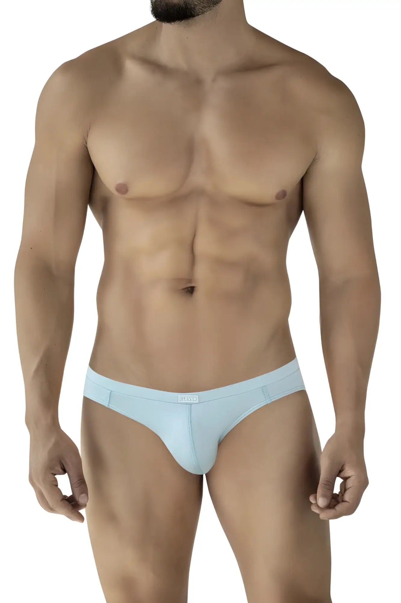 Light blue clever 2048 cordoba briefs with smooth texture and subtle brand logo on waistband for men