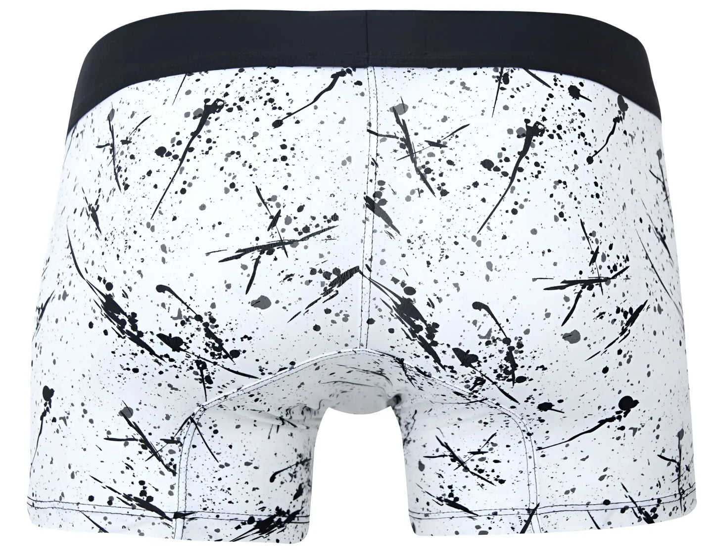 White boxer briefs clever 2050 brochazos trunks with black paint splatter and solid black waistband