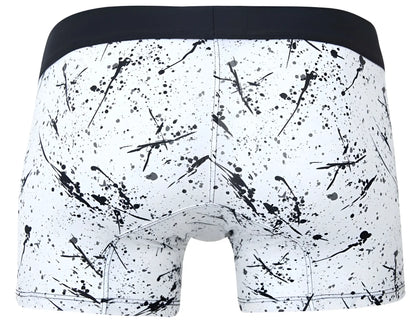 White boxer briefs clever 2050 brochazos trunks with black paint splatter and solid black waistband
