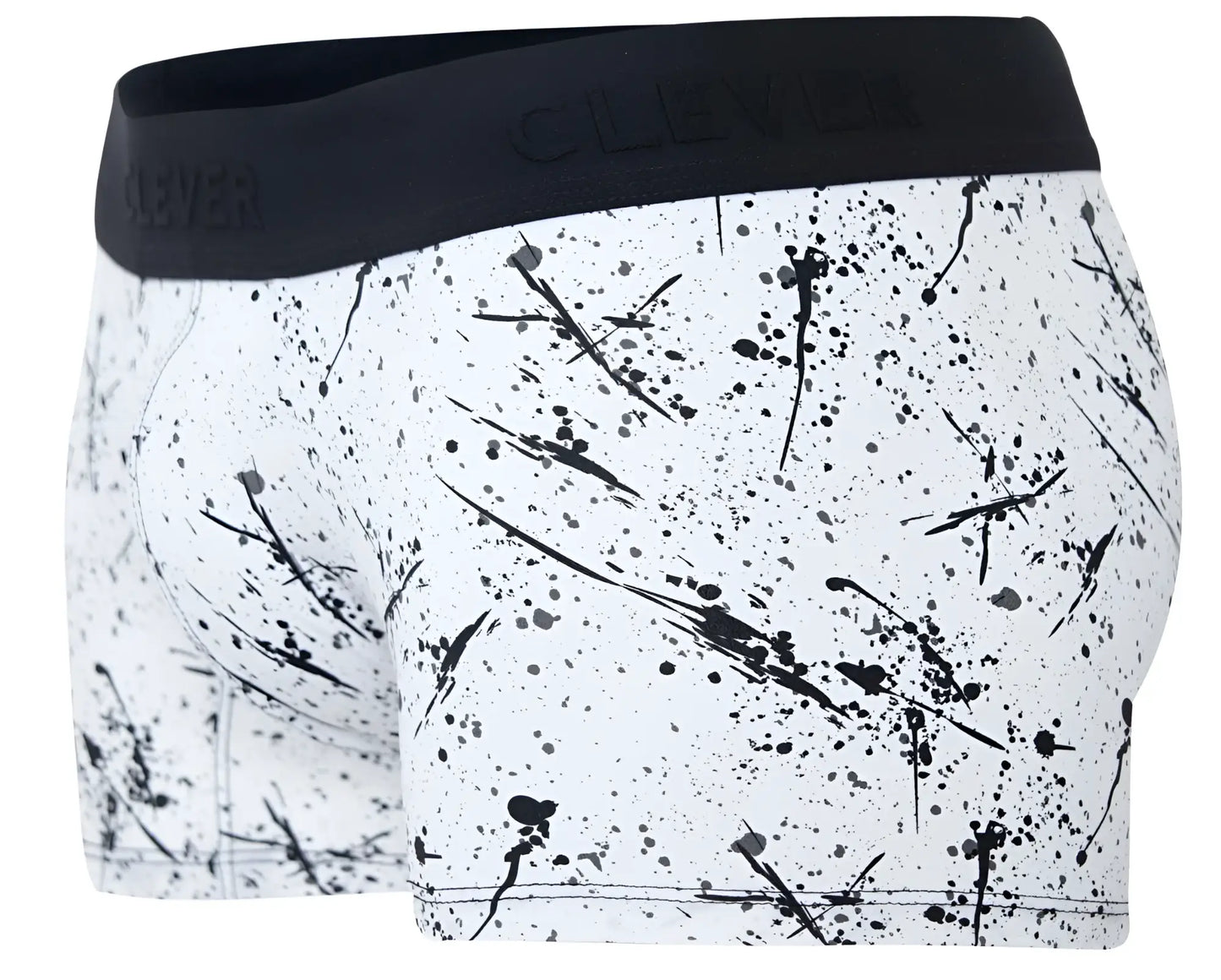 White boxer briefs with black paint splatter pattern and black elastic waistband featuring clever brand name