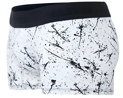 White boxer briefs with black paint splatter pattern and black elastic waistband featuring clever brand name