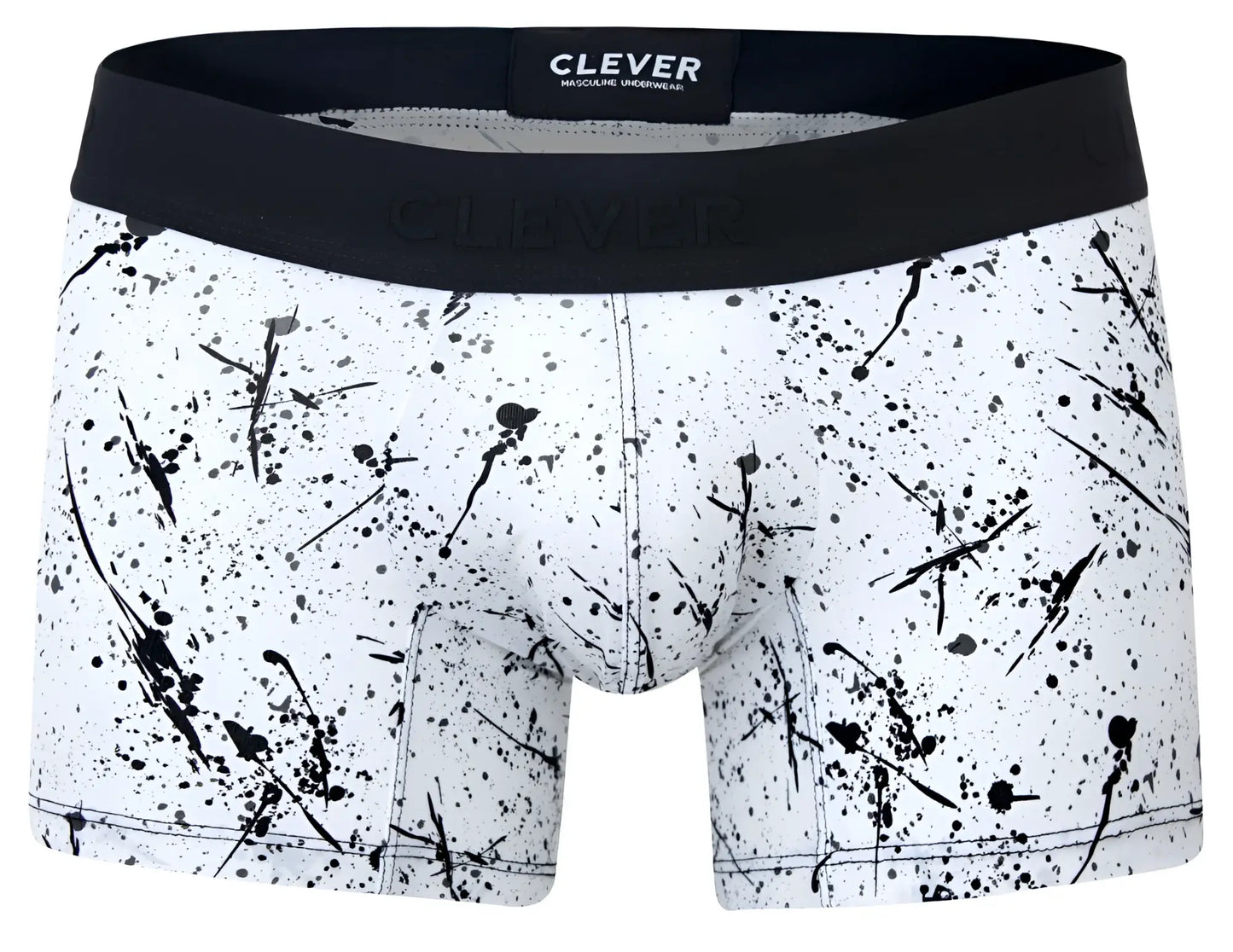 White boxer briefs with black splatter paint design and solid black waistband by clever 2050 brochazos trunks color black