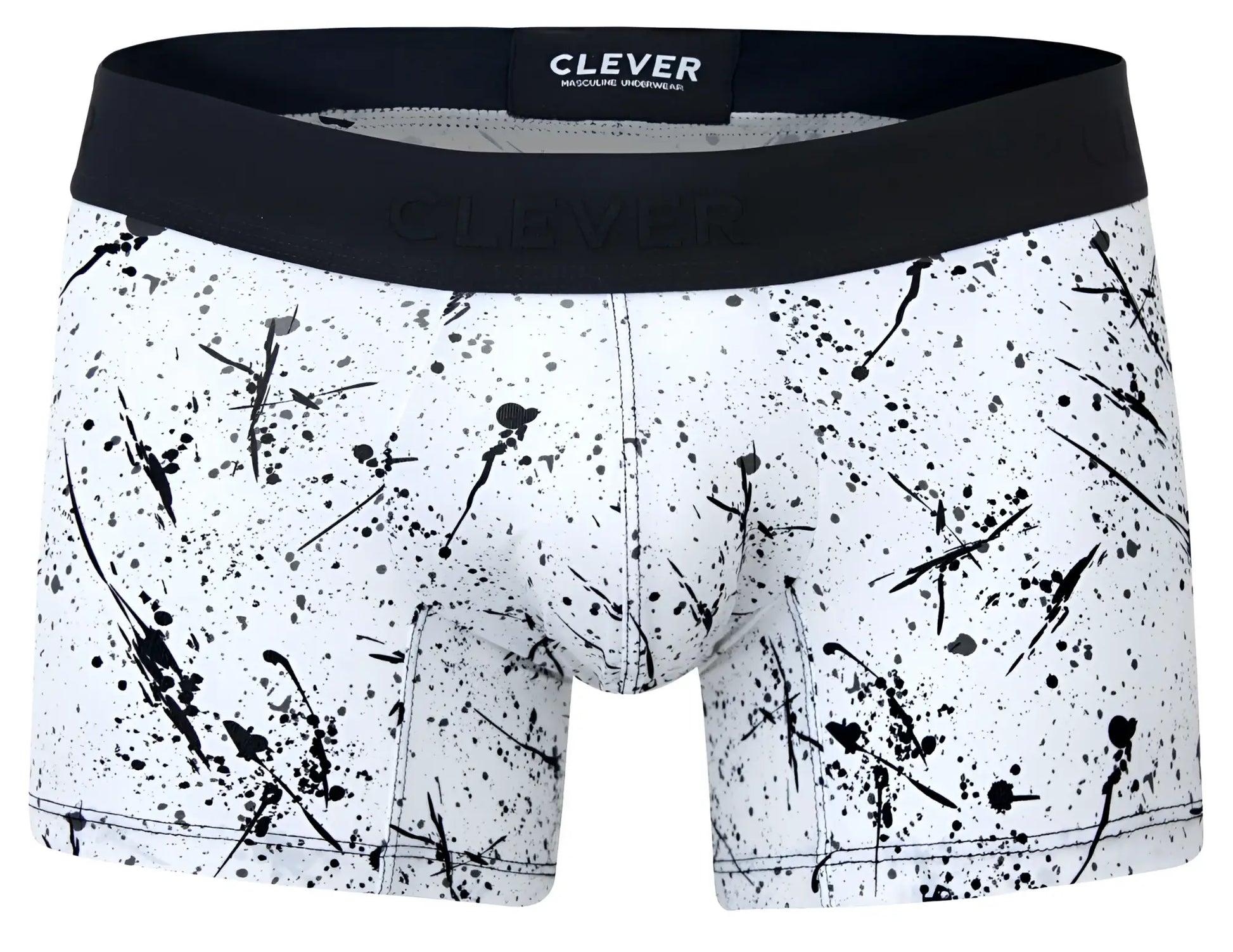 White boxer briefs with black splatter paint design and solid black waistband by clever 2050 brochazos trunks color black