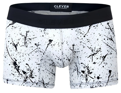 White boxer briefs with black splatter paint design and solid black waistband by clever 2050 brochazos trunks color black
