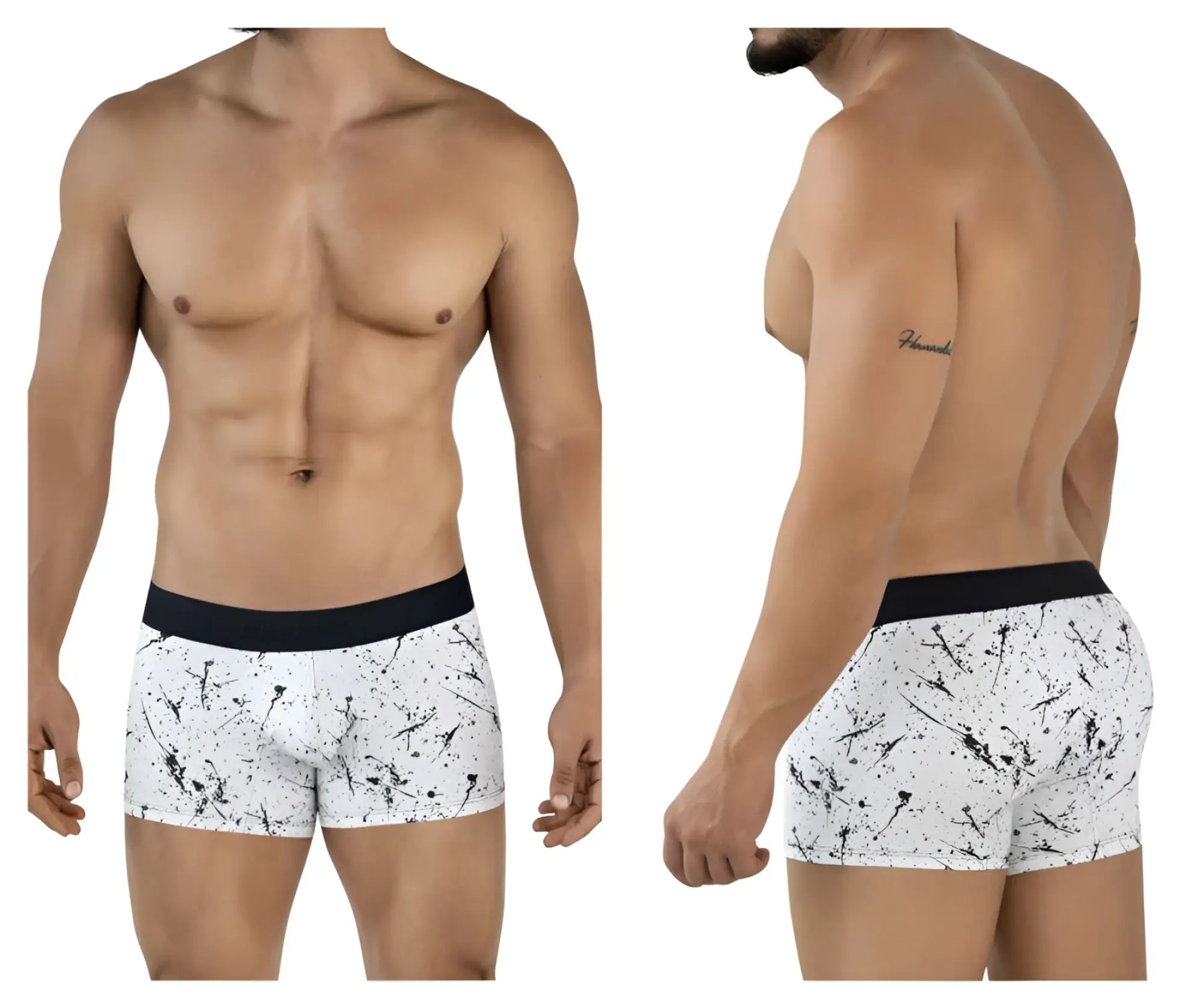 Clever 2050 brochazos trunks color black white boxer briefs with black splatter pattern and solid black waistband
