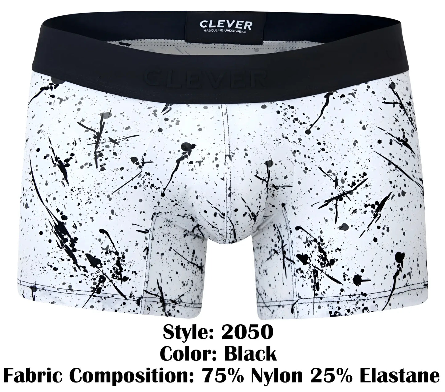 Clever 2050 Brochazos trunks in black with black and white splatter pattern and black elastic waistband and clever label