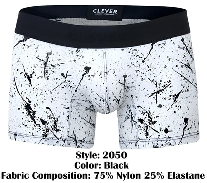 Clever 2050 Brochazos trunks in black with black and white splatter pattern and black elastic waistband and clever label