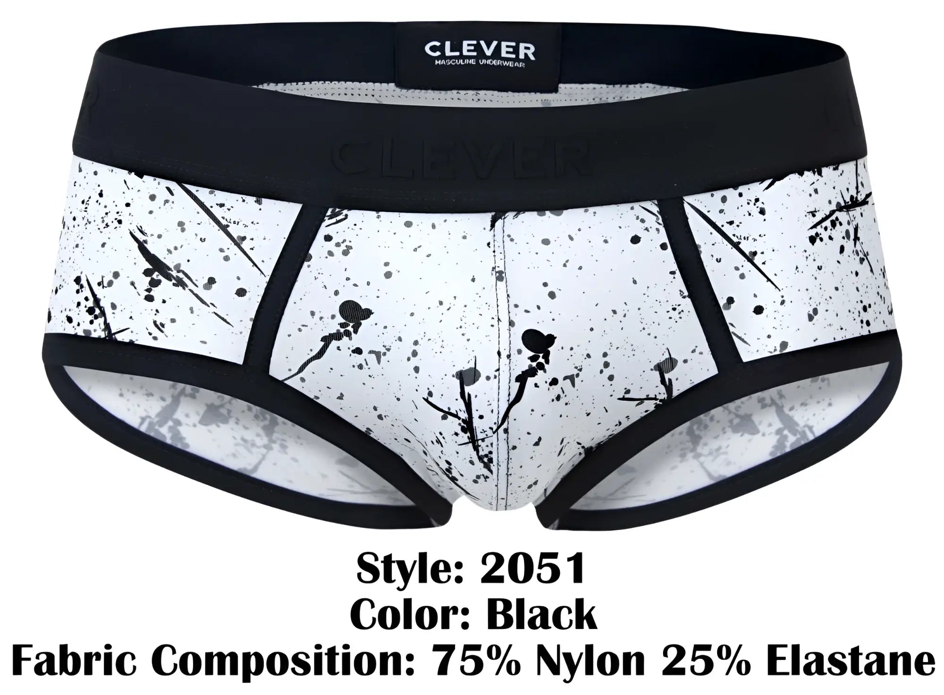 Black splatter-patterned clever 2051 brochazos briefs with black elastic trim made of 75 nylon 25 elastane