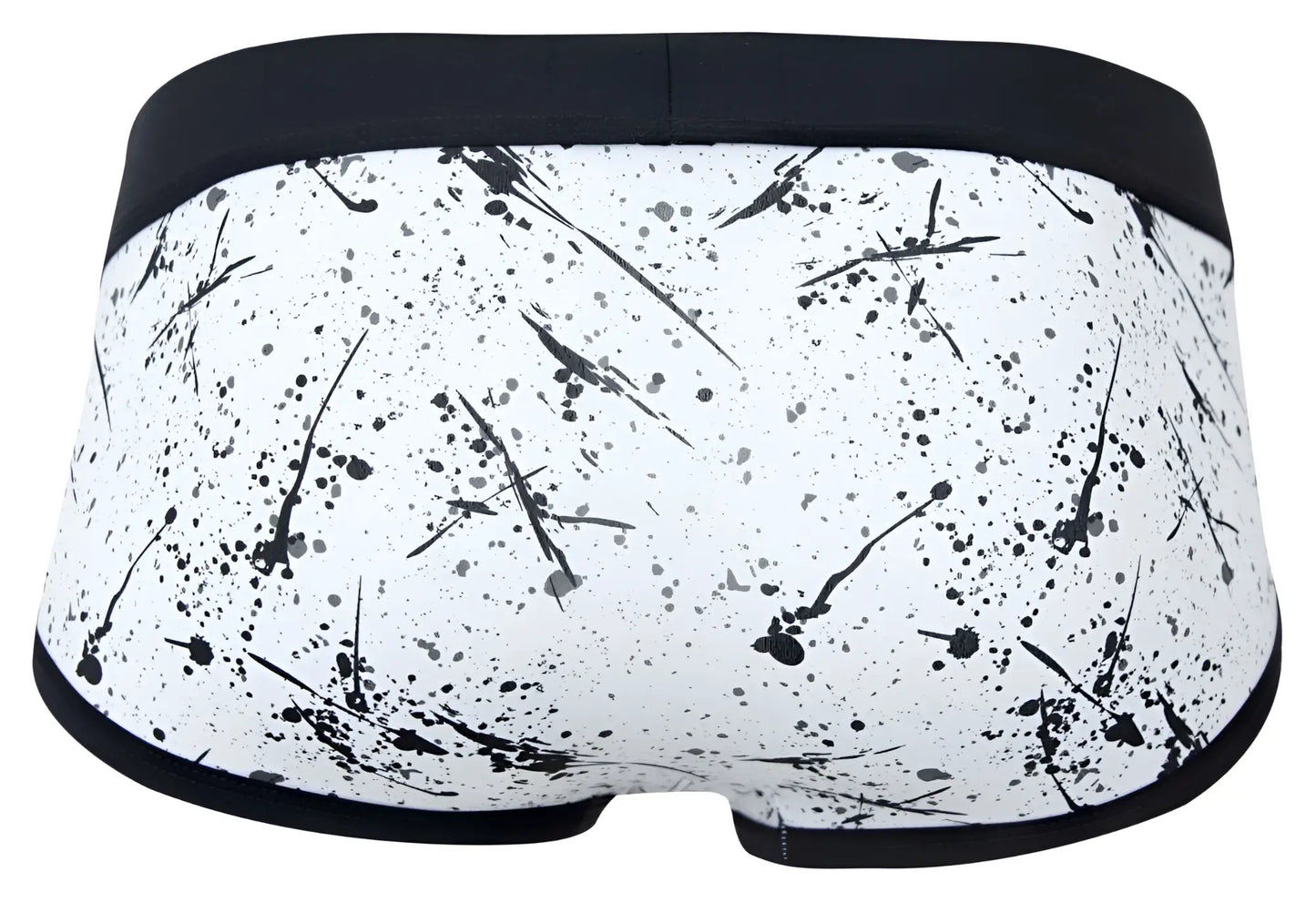 White briefs clever 2051 brochazos with black paint splatter pattern and solid black waistband in front view