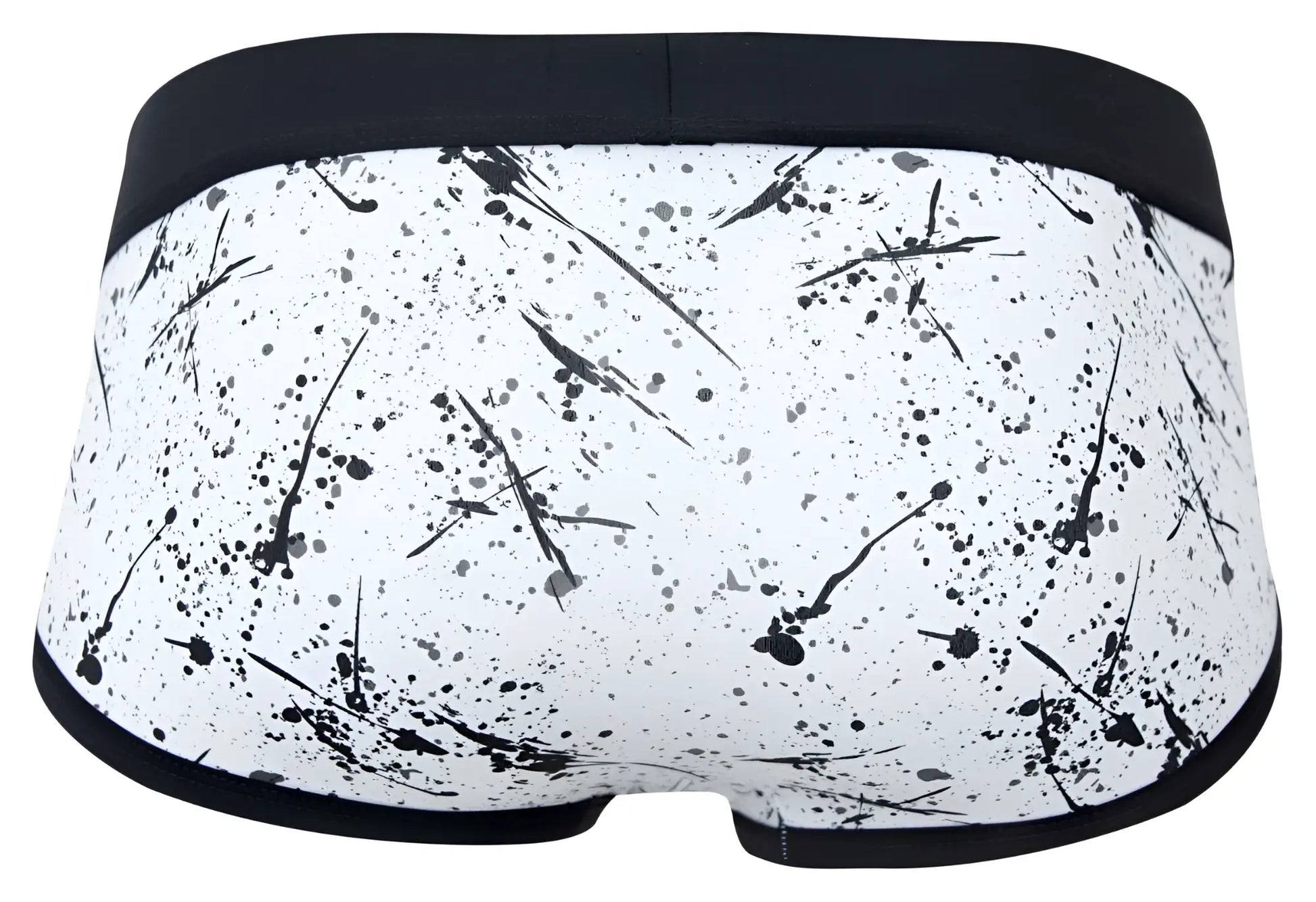 White briefs clever 2051 brochazos with black paint splatter pattern and solid black waistband in front view