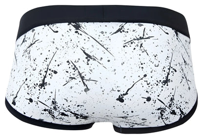 White briefs clever 2051 brochazos with black paint splatter pattern and solid black waistband in front view