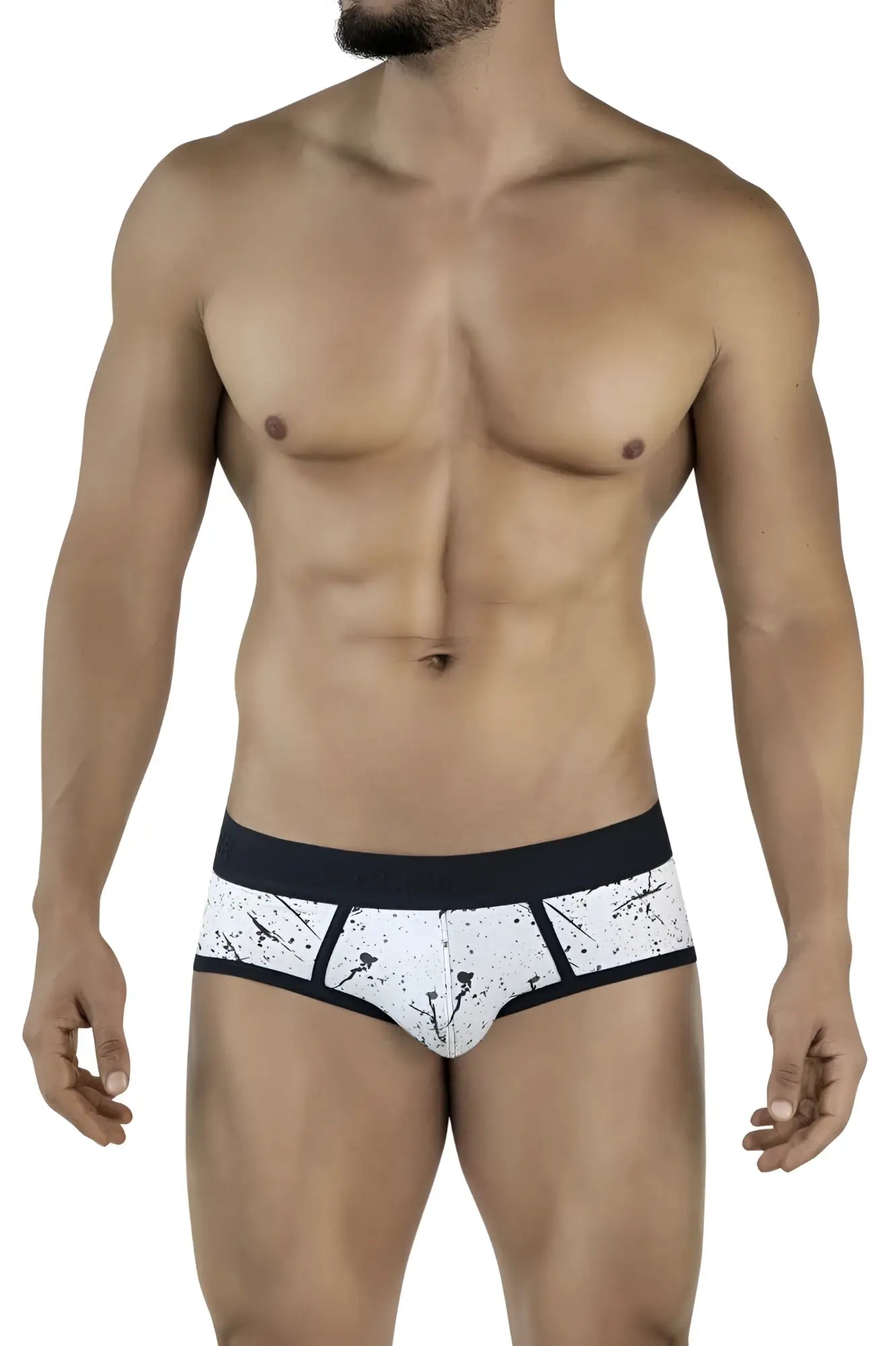 White briefs with black splatter design and solid black waistband clever 2051 brochazos briefs color black