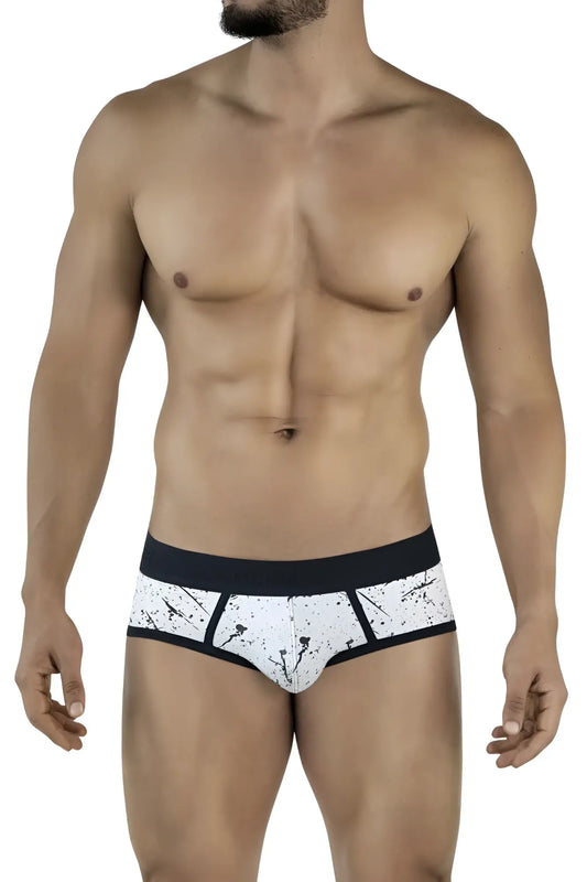 White briefs with black splatter design and solid black waistband clever 2051 brochazos briefs color black