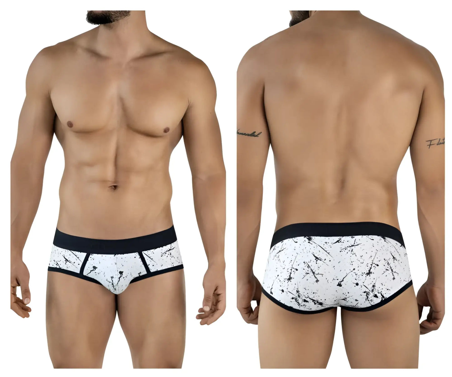 White briefs with black splatter pattern and solid black waistband from Clever 2051 Brochazos briefs color black
