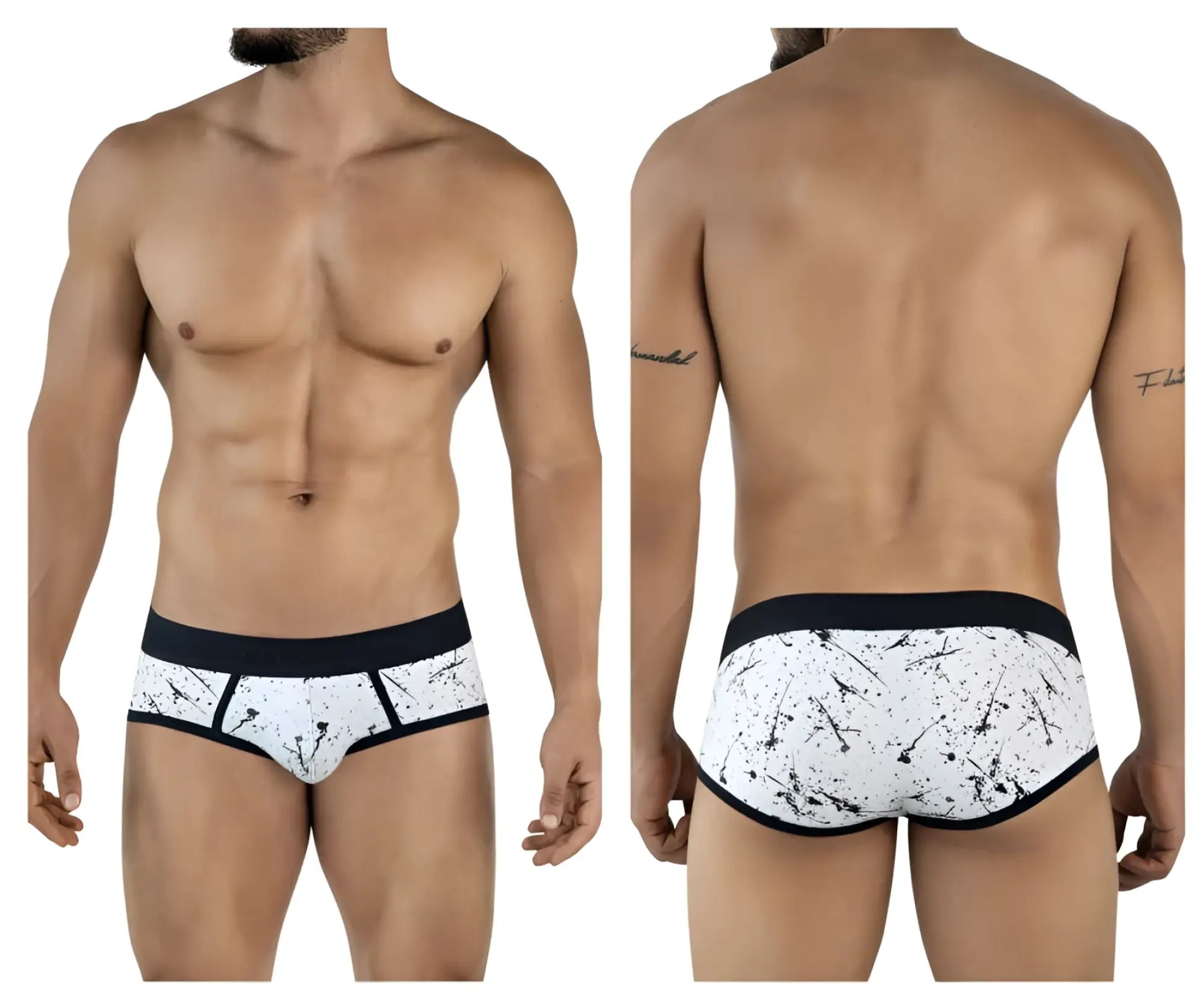 White briefs with black splatter pattern and solid black waistband from Clever 2051 Brochazos briefs color black