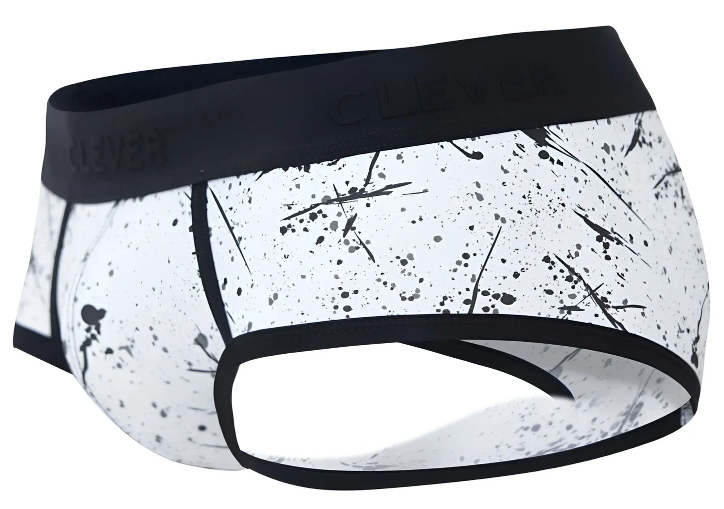 Men’s clever 2051 brochazos briefs in black with white and black splatter pattern and branded elastic waistband