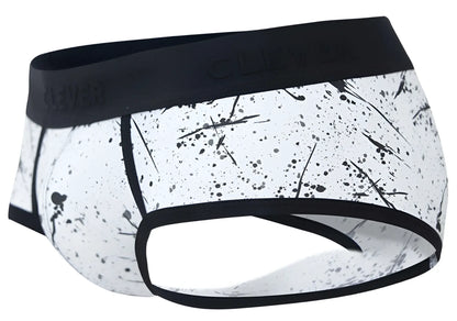 Men’s clever 2051 brochazos briefs in black with white and black splatter pattern and branded elastic waistband