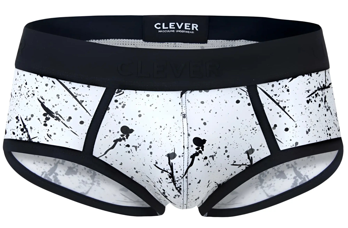 Black and white splatter patterned clever 2051 brochazos briefs with black elastic waistband for men