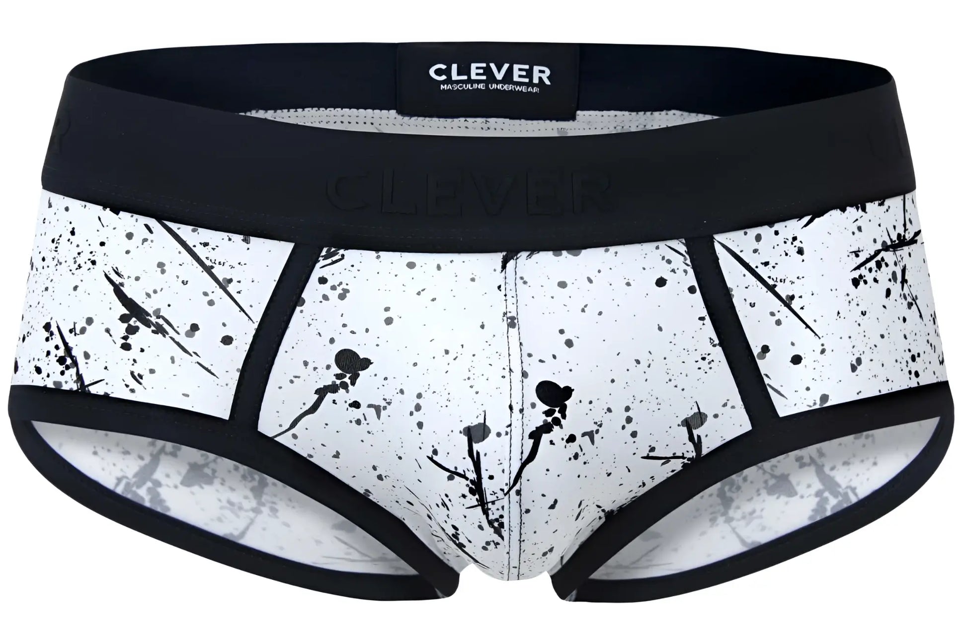 Black and white splatter patterned clever 2051 brochazos briefs with black elastic waistband for men