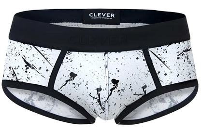 Black and white splatter patterned clever 2051 brochazos briefs with black elastic waistband for men