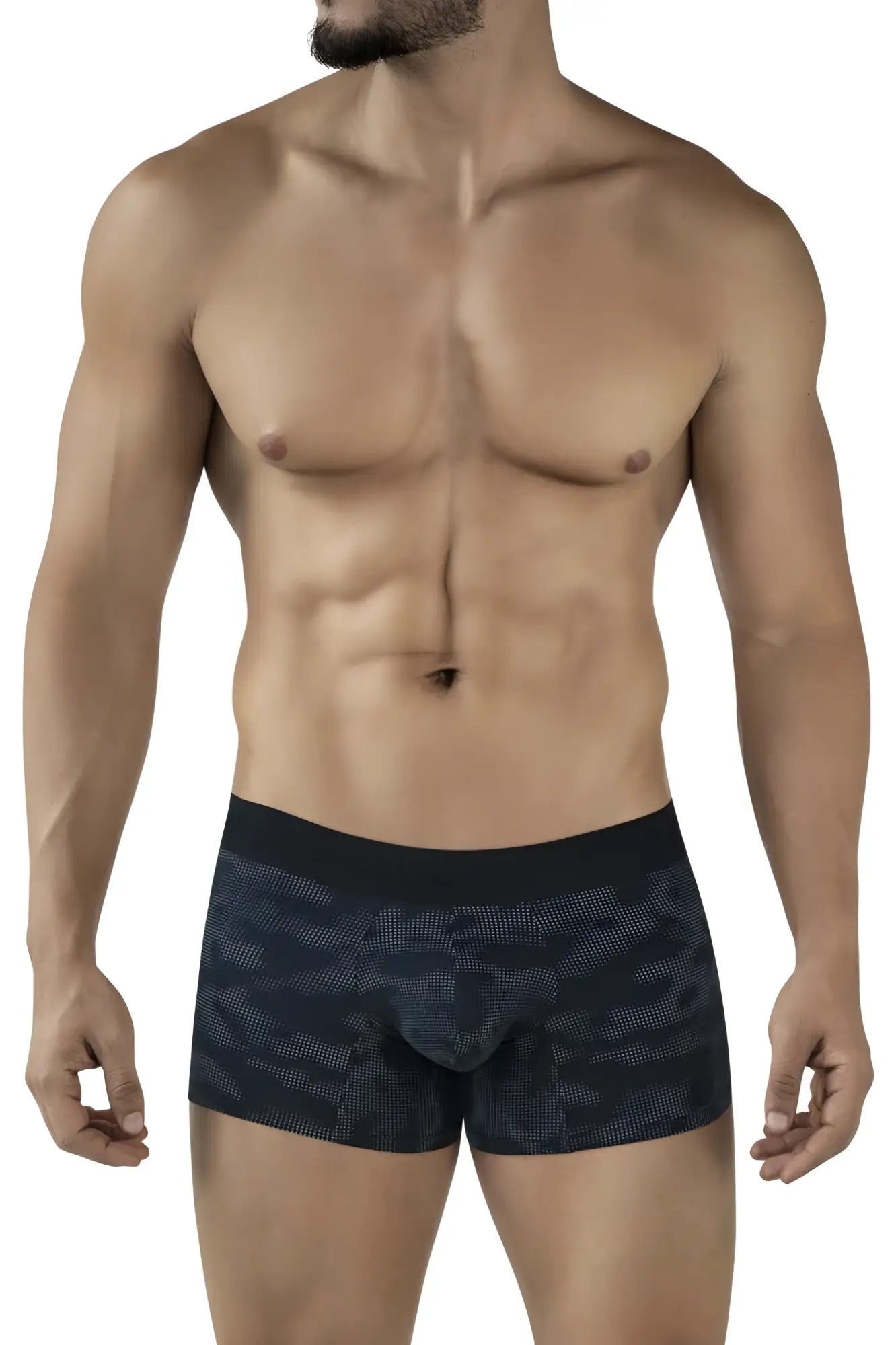 Black clever 2052 militar trunks boxer briefs with a dark gray dot pattern and solid black waistband front view