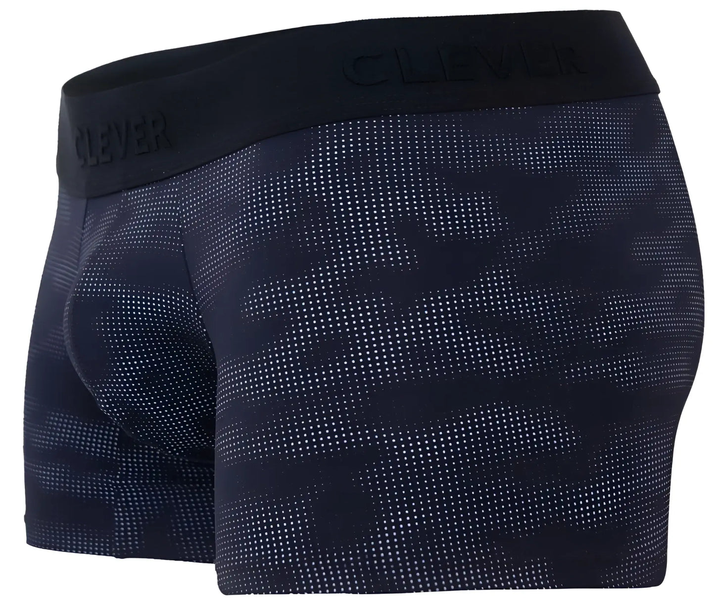Black boxer briefs with subtle dot camouflage pattern and clever brand embossed on waistband clever 2052 militar trunks