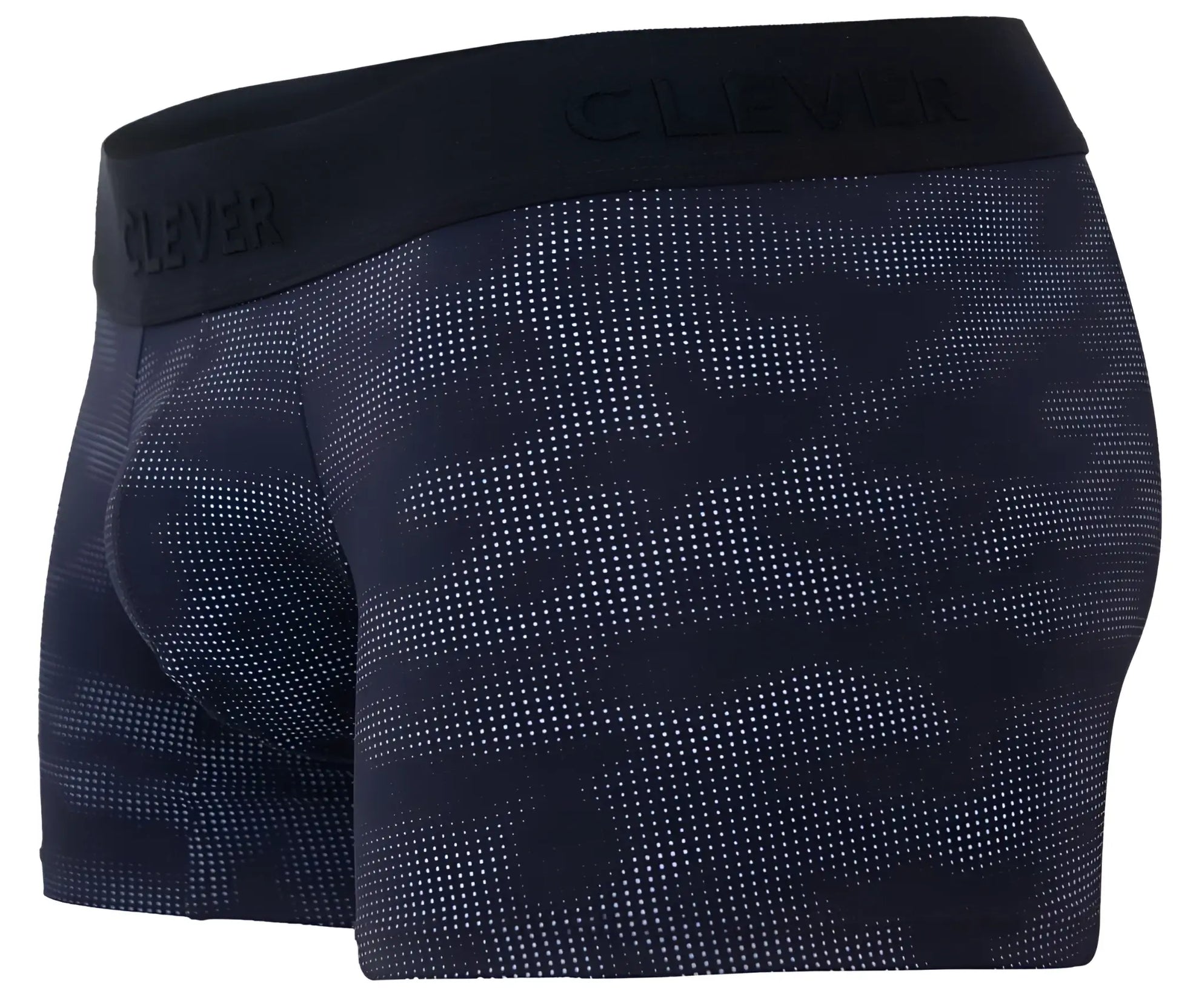 Black boxer briefs with subtle dot camouflage pattern and clever brand embossed on waistband clever 2052 militar trunks