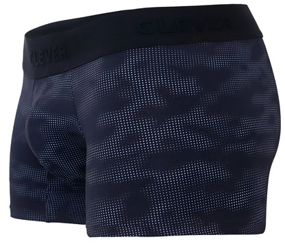 Black boxer briefs with subtle dot camouflage pattern and clever brand embossed on waistband clever 2052 militar trunks