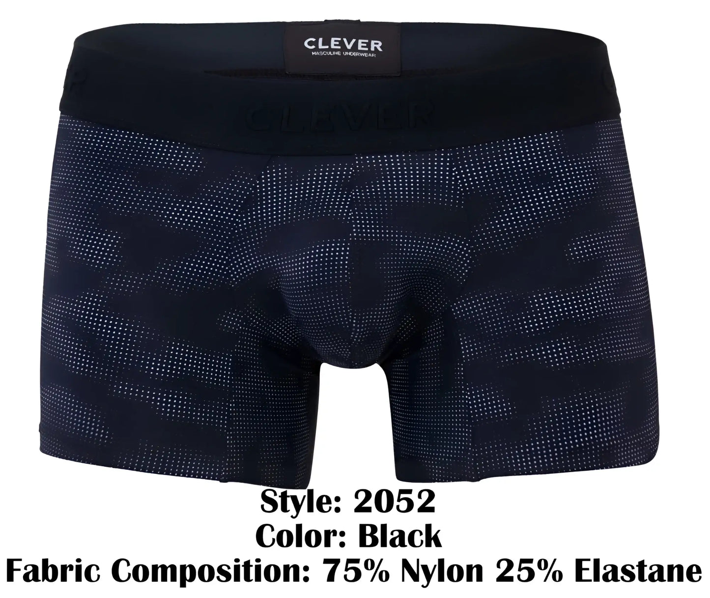 Black clever 2052 militar trunks boxer briefs with subtle dot-patterned camouflage and branded elastic waistband