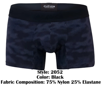 Black clever 2052 militar trunks boxer briefs with subtle dot-patterned camouflage and branded elastic waistband