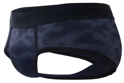 Black clever 2053 militar briefs with dark blue camouflage perforated mesh fabric and embossed waistband logo