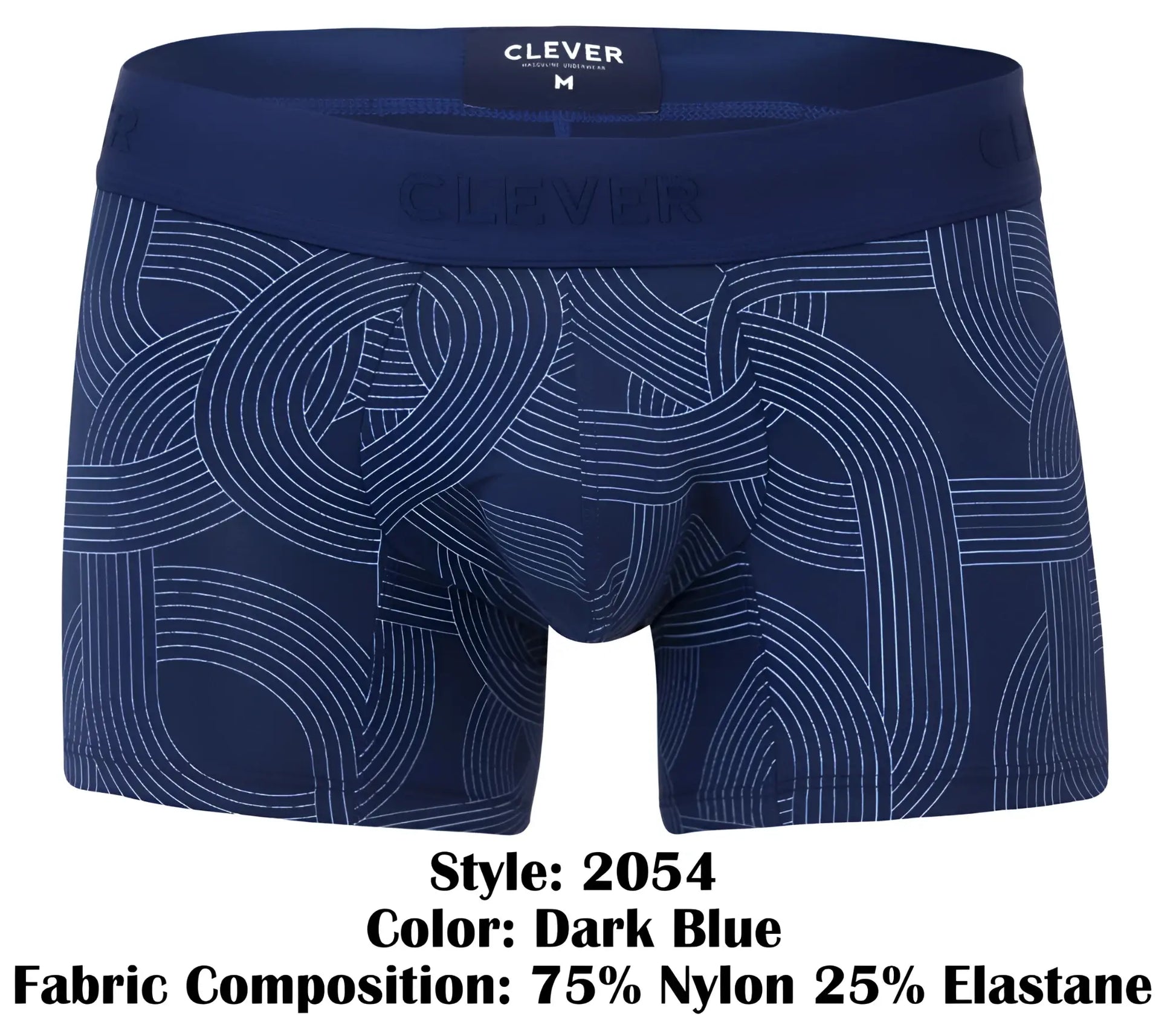 Dark blue men’s boxer briefs with subtle white geometric pattern and clever branded waistband in navy trunks style