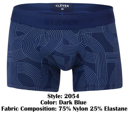 Dark blue men’s boxer briefs with subtle white geometric pattern and clever branded waistband in navy trunks style