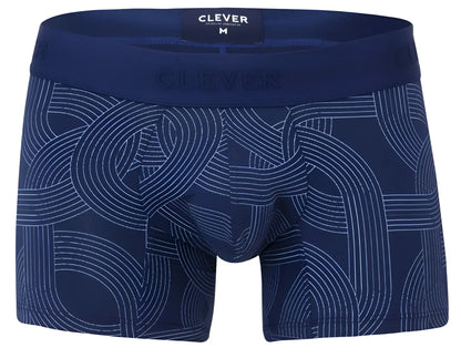 Navy blue men’s boxer briefs with white geometric lines and clever branding on the waistband in dark blue color