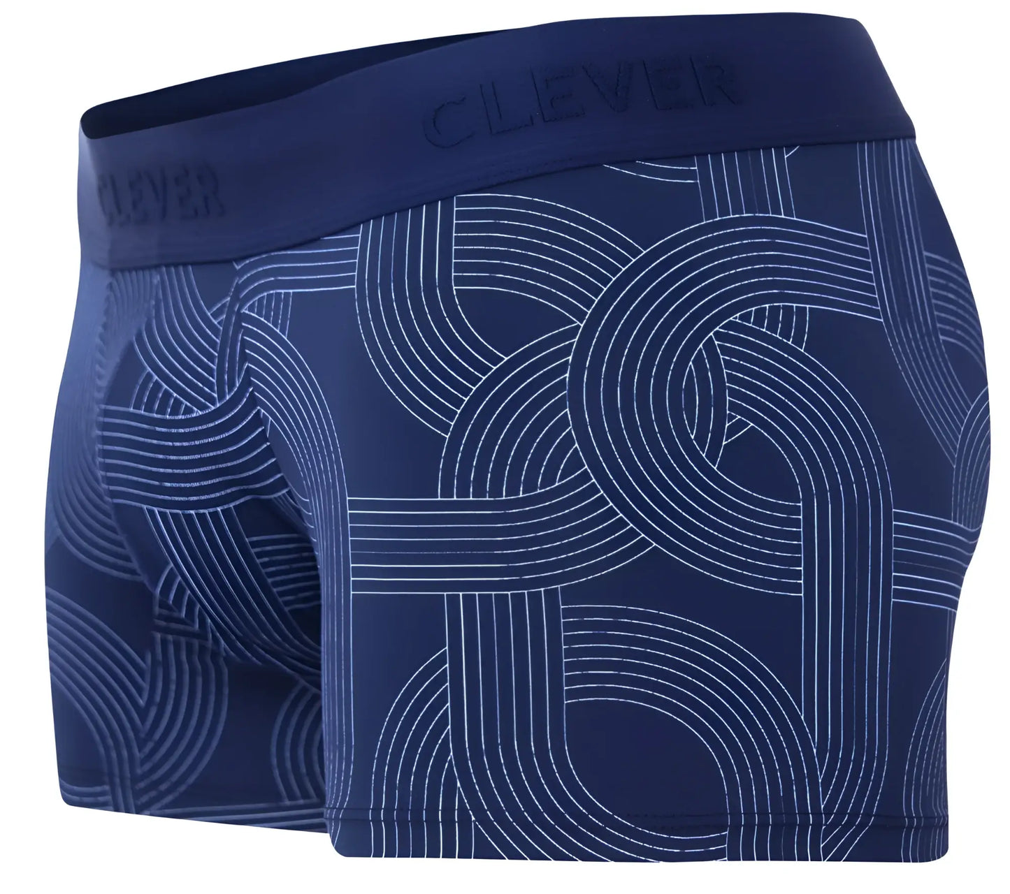Navy blue men’s boxer briefs with white geometric line pattern and Clever branding on waistband in dark blue color