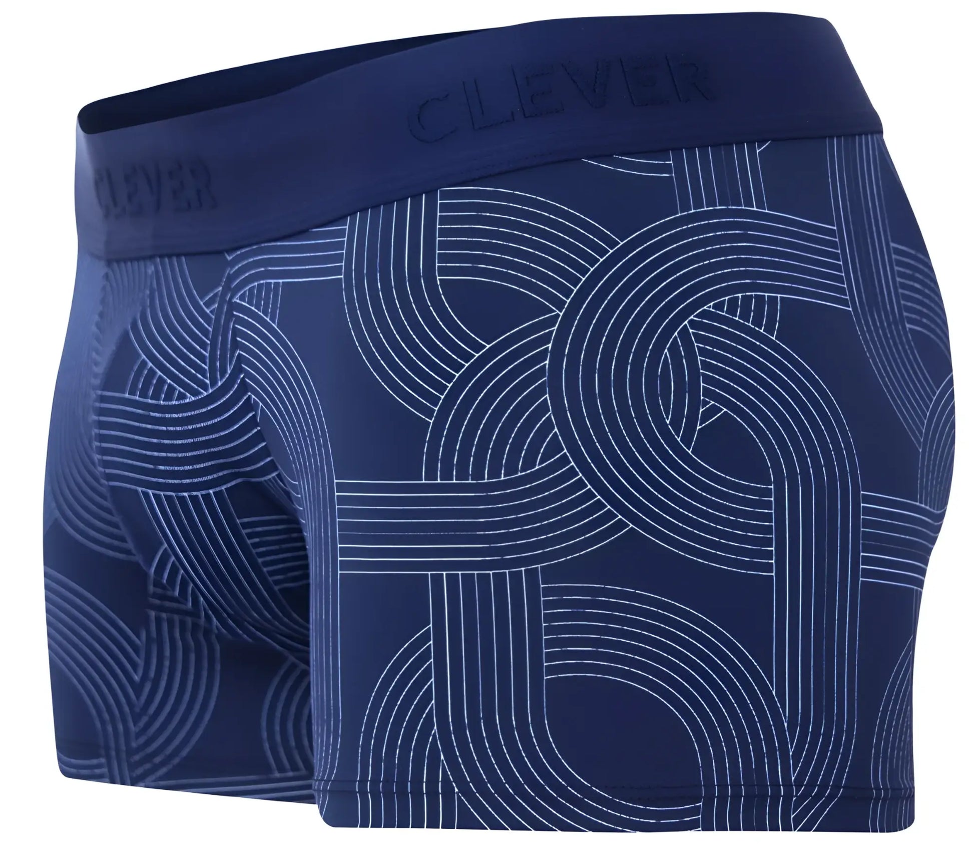 Navy blue men’s boxer briefs with white geometric line pattern and Clever branding on waistband in dark blue color