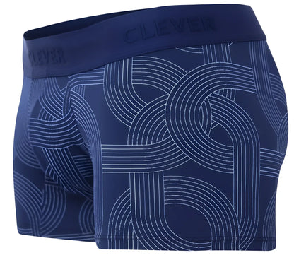 Navy blue men’s boxer briefs with white geometric line pattern and Clever branding on waistband in dark blue color