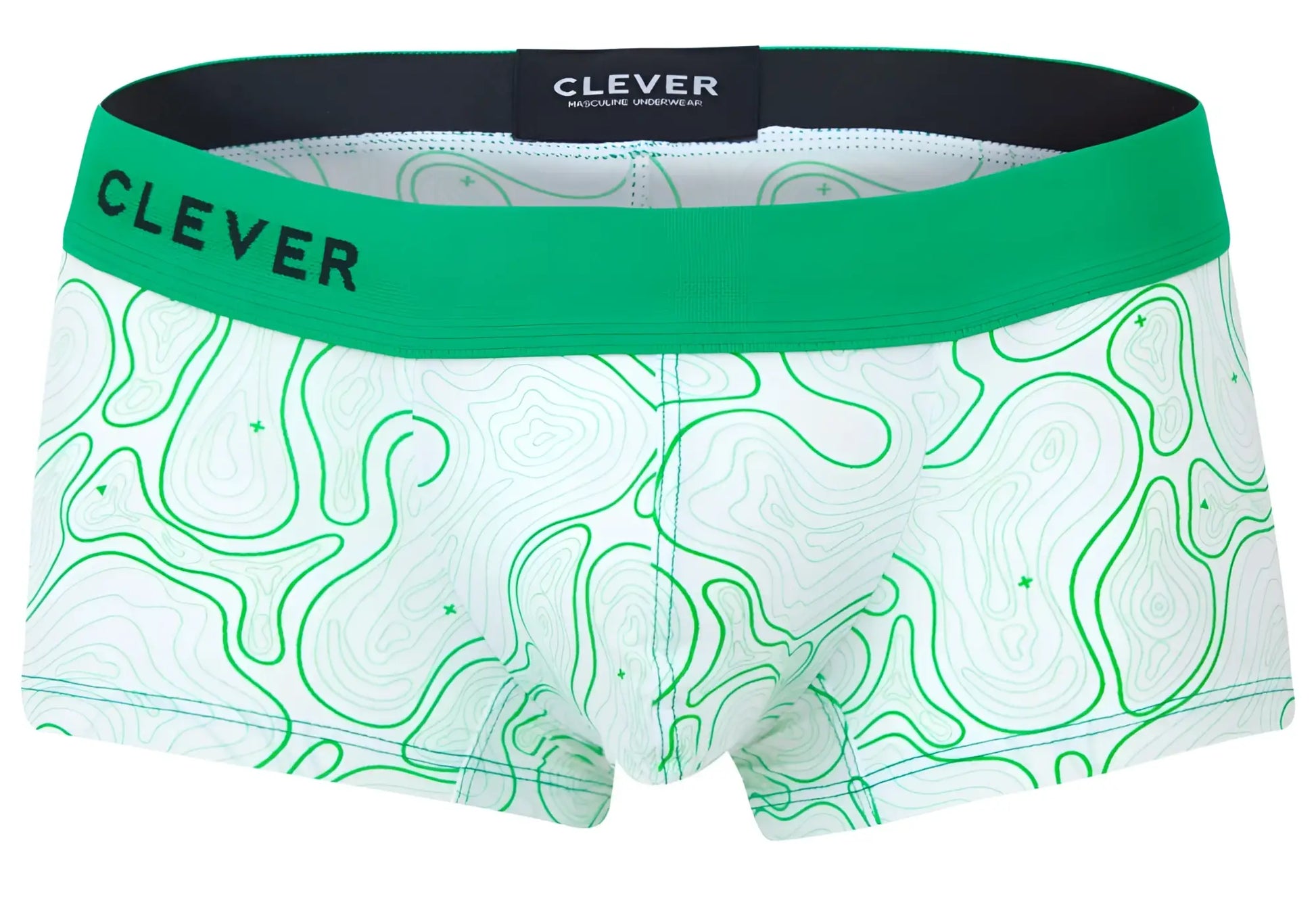 White boxer briefs with green topographic map pattern and bright green waistband by clever 2056 maze trunks color green