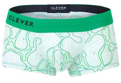 White boxer briefs with green topographic map pattern and bright green waistband by clever 2056 maze trunks color green