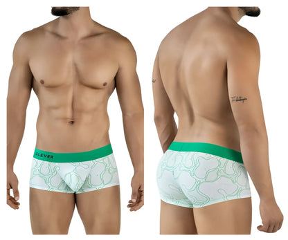 White boxer briefs in clever 2056 maze trunks color green with green waistband and light green abstract pattern
