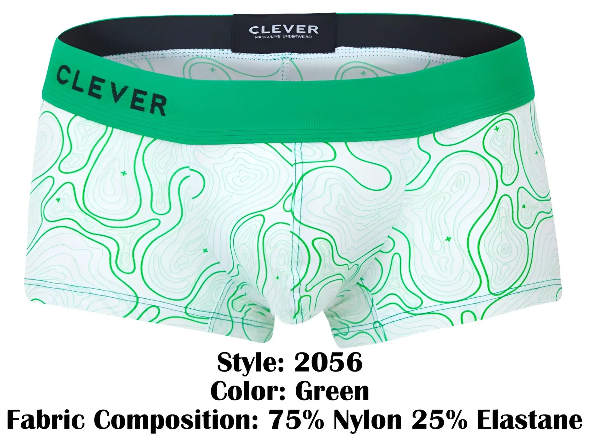 Green and white patterned boxer briefs with bold green waistband featuring clever brand name maze trunks color green
