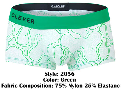 Green and white patterned boxer briefs with bold green waistband featuring clever brand name maze trunks color green