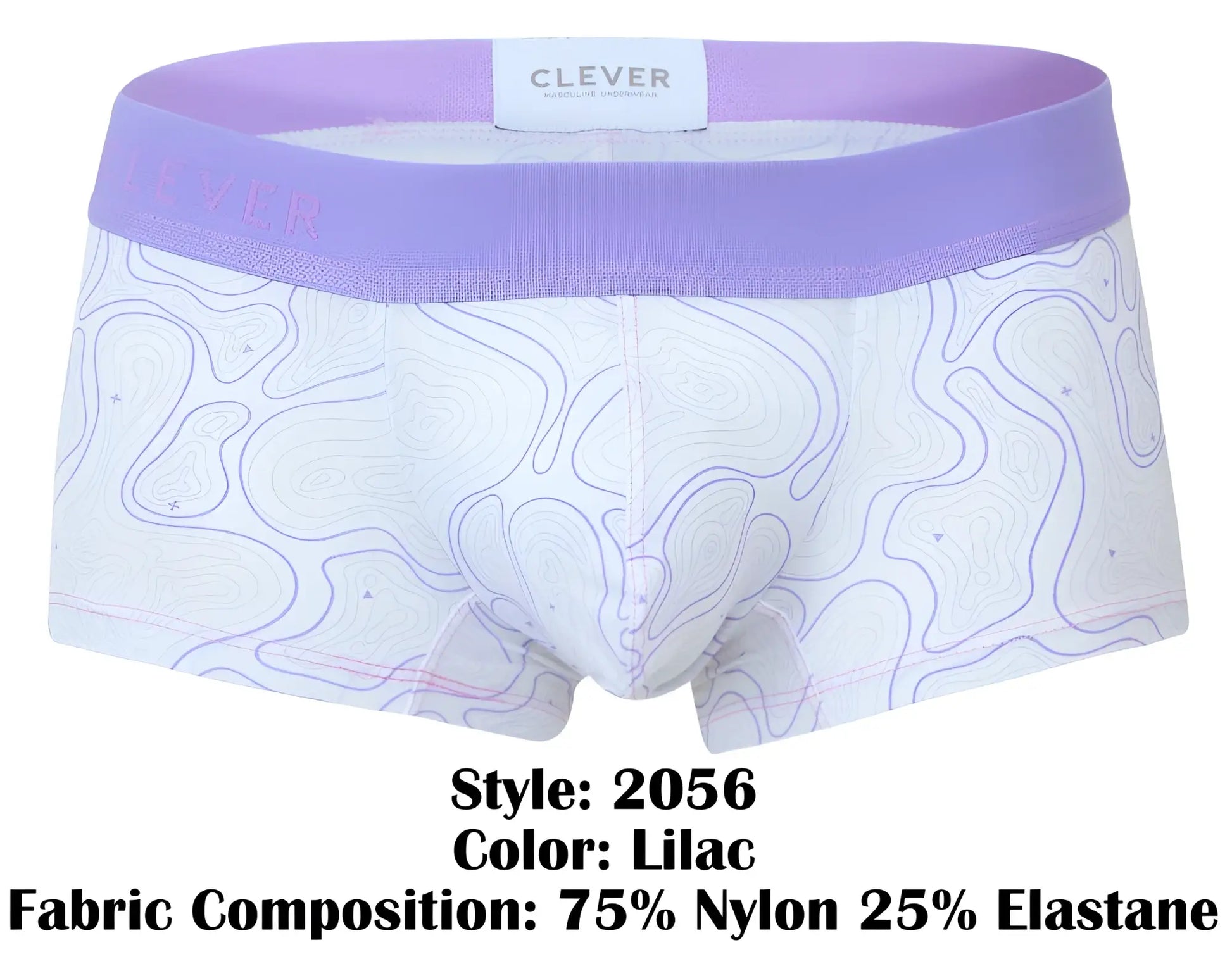 Lilac clever 2056 maze trunks men’s briefs with white base purple contour lines and matching lilac elastic waistband