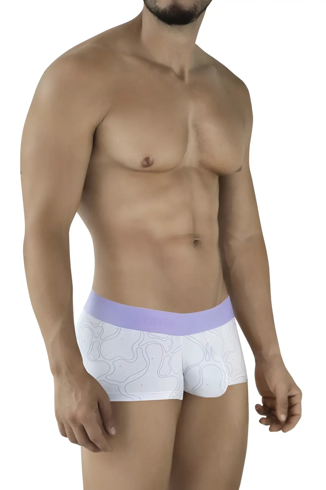 White boxer briefs clever 2056 maze trunks color lilac with lavender waistband and gray abstract line pattern