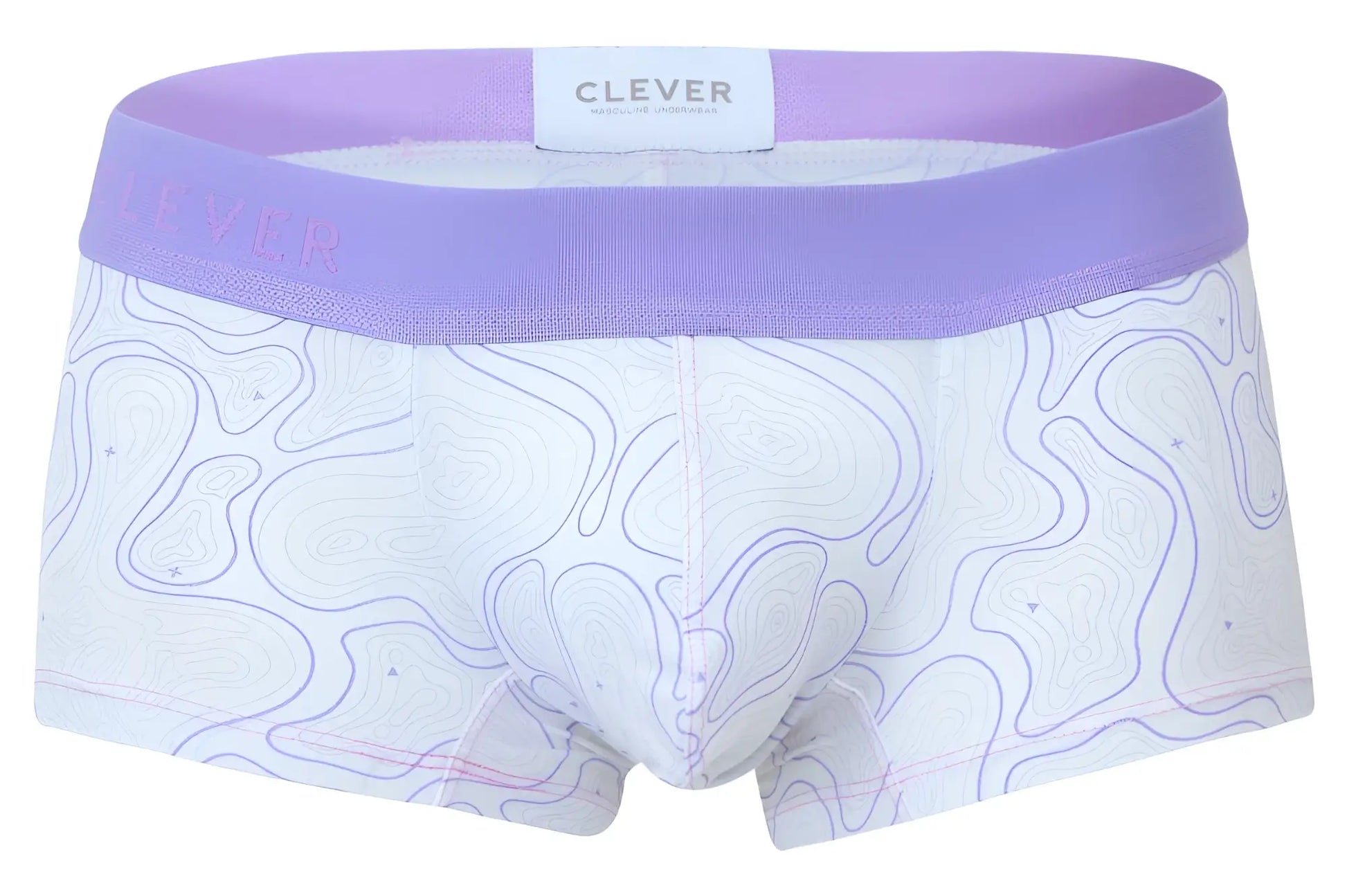 White boxer briefs with lavender waistband and purple contour pattern from clever 2056 maze trunks color lilac collection