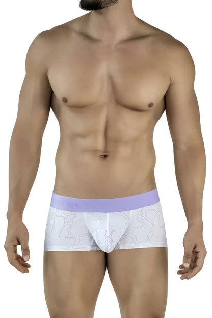 White men’s briefs with a subtle lavender maze pattern and matching lilac waistband from clever 2056 trunks